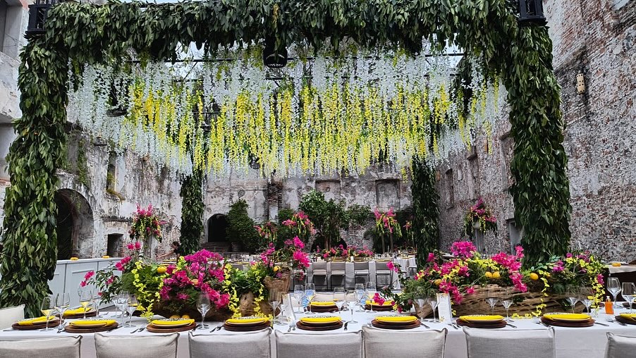 Techo de follaje y flores colgantes